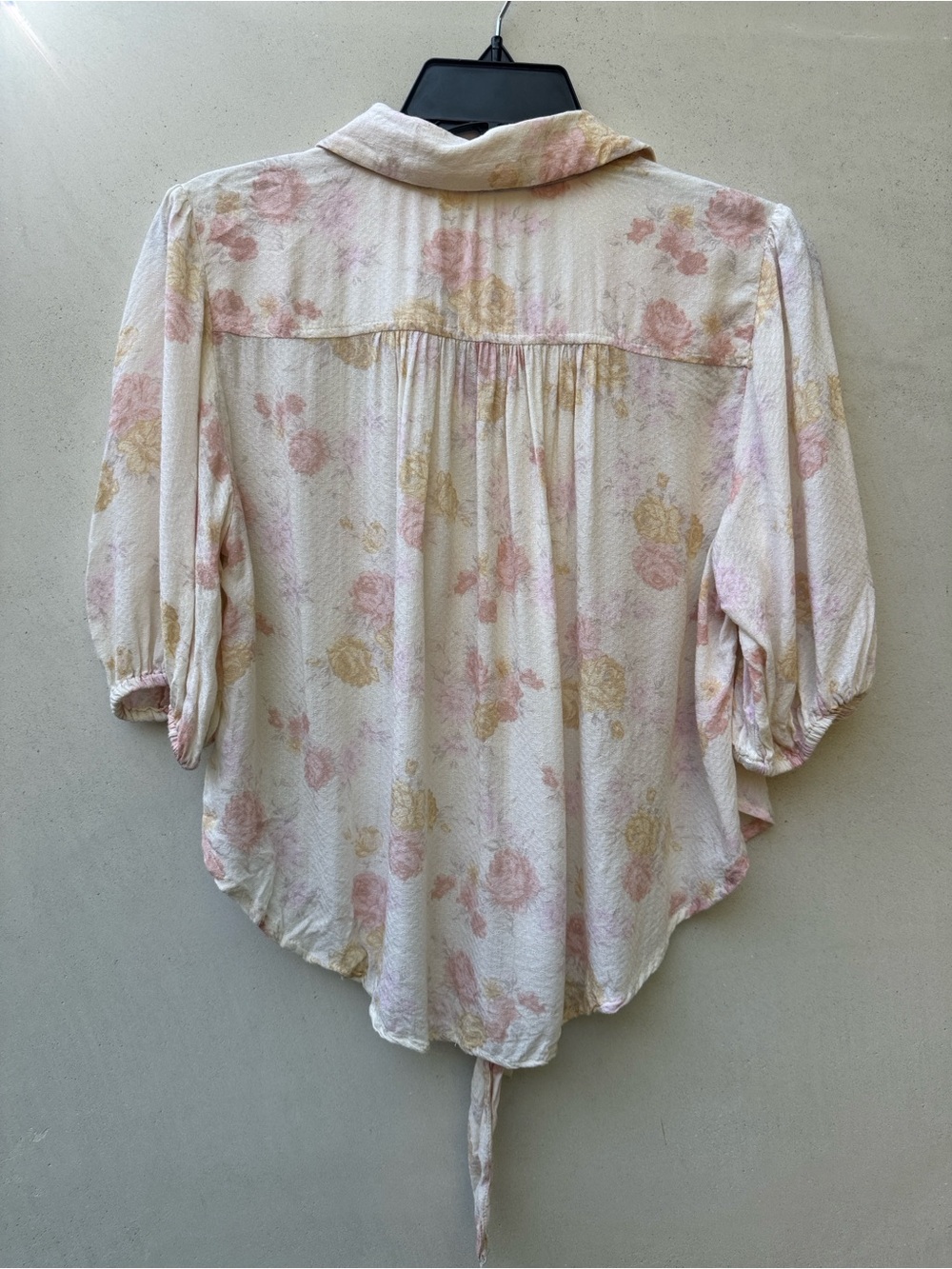 Free People Celia Printed Floral Blouse Ivory Pink Tie Front Puff Sleeve S - Picture 3 of 5